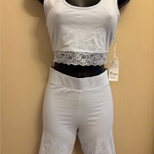 Light Blue Lace Trim Forever 21 Crop Top and Shorts Set